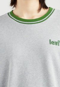 Acercamiento de una camiseta gris claro de cuello redondo con un collar a rayas en verde y blanco y el logo parcial en verde de "Levi's" en el pecho.