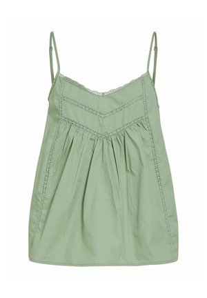 Jasnozielony bezrękawnik typu camisole z regulowanymi cienkimi ramiączkami i ozdobną koronką na gorsecie i bokach.