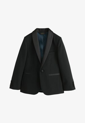 Fekete egysoros blézer szatén gallérral, két elülső zsebbel, gombos mandzsettákkal és sötét mintás belső béléssel.