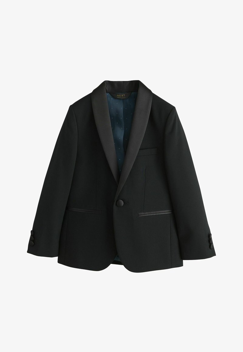 Čierne jednoradové sako s lesklými saténovými klopami, dvoma prednými vreckami, zapínaním na gombíky na manžetách a tmavou vzorovanou vnútornou podšívkou.
