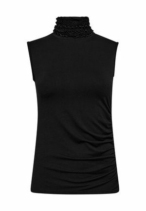 Black sleeveless top with a high ruffled collar and gathered side detail. Made of stretchy fabric, smooth texture, and fitted design.