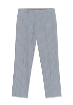 Világosszürke férfi öltönynadrág finom függőleges tűcsíkokkal és övbújtatókkal, sík elejű, testre szabott slim fit kialakítás.