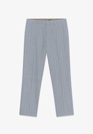 Light grey men's dress trousers with subtle vertical pinstripes and belt loops, flat front, tailored slim fit design.