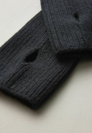 Schwarze gestrickte fingerlose Handschuhe mit geripptem Textur und offener Daumenpartie, hergestellt aus weichem Wollmaterial für Wärme.