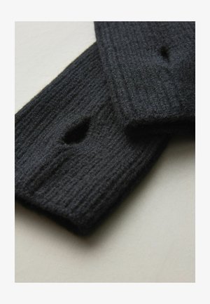 Guantes sin dedos de lana negra tricotados que presentan una textura acanalada y zona de pulgar abierta, hechos de un material suave de lana para mayor calidez.