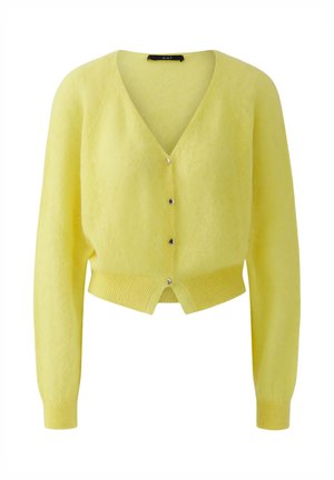 Geel pluizig kort vestje met lange mouwen, V-hals, geribde zoom en manchetten, voorzijde met vier zilveren knopen.