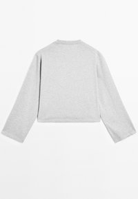Lichtgrijs languitgesneden shirt met lange mouwen en een ronde hals, plat van achteren weergegeven op een witte achtergrond.