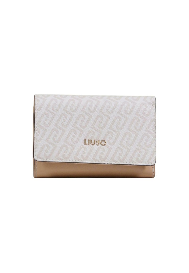 Portafoglio Liu Jo con design strutturato, esterno bianco con motivo e logo color oro. Base in pelle beige liscia con chiusura pieghevole.