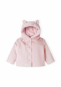 Giacca in pile rosa con orecchie d'orso sul cappuccio, chiusura anteriore a bottoni, maniche lunghe e una texture morbida. Design leggero e accogliente.