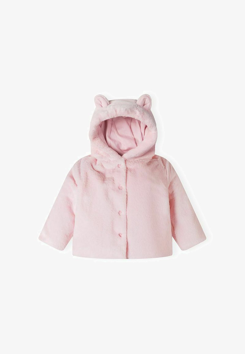 Giacca in pile rosa con orecchie d'orso sul cappuccio, chiusura anteriore a bottoni, maniche lunghe e una texture morbida. Design leggero e accogliente.