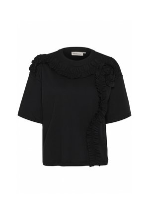Tricou negru cu mânecă scurtă, dintr-un material moale, cu accente volanate de-a lungul gâtului și pe lateral, pentru un plus de textură și detaliu.