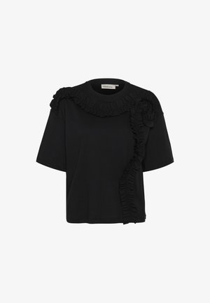Tricou negru cu mânecă scurtă, dintr-un material moale, cu accente volanate de-a lungul gâtului și pe lateral, pentru un plus de textură și detaliu.