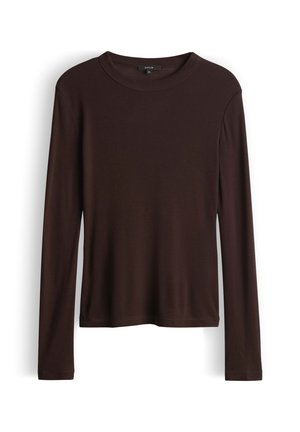 Long-sleeve, brown top made of soft fabric. Round neckline with a classic fit. Simple design, no patterns or embellishments.