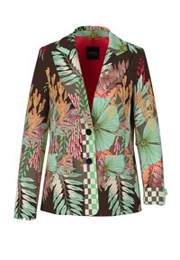 Brauner Blazer mit Blumenmuster, der lebendige Grüntöne, Rottöne und Akzente aufweist. Enthält Blattdesigns und ein Schachbrettmuster an den Taschen.