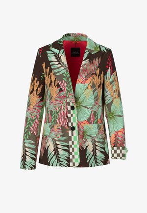 Floral-patterned blazer in brown, featuring vibrant greens, reds, and accents. Contains leaf designs and a checkerboard detail on pockets.