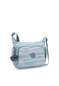 Borsa azzurra chiara con motivo a foglia; presenta una tasca laterale, una tracolla regolabile e un portachiavi con pompon di pelliccia come accentuazione. Realizzata in materiale resistente.