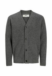 Temno siva zapenjiva jopica z dolgimi rokavi in V-izrezom, označena z "R.D.D. Royal Denim Division" znotraj izreza vratu.