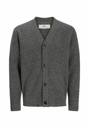 Dunkelgrauer, knöpfbarer Cardigan mit langen Ärmeln und V-Ausschnitt, innen am Halsausschnitt beschriftet mit "R.D.D. Royal Denim Division".