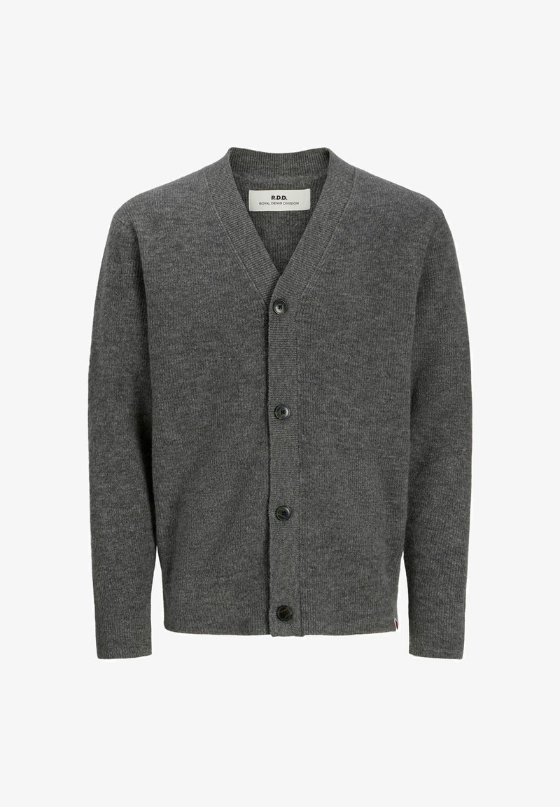 Tmavě šedý cardigan na knoflíky s dlouhými rukávy a výstřihem do V, uvnitř límce označený "R.D.D. Royal Denim Division".