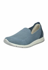 Scarpa blu senza lacci con tomaia in maglia, design testurizzato, suola bianca e dettaglio posteriore liscio. Struttura leggera e flessibile.