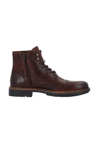 Botte de cheville en cuir marron foncé avec fermeture éclair sur le côté, œillets métalliques, lacets et semelle en caoutchouc noire, vue depuis l'extérieur.
