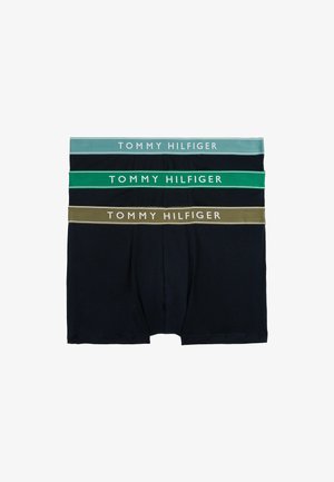 Neli paari bokserilühikesi pükse mustas, tumerohelises, tumesinises ja oliivrohelises värvuses, elastsete vöödega, millel on valge "TOMMY HILFIGER" logo.