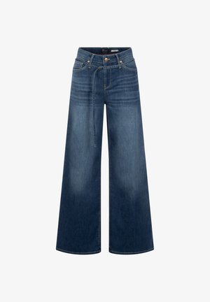Wide-leg blue denim jeans with high waist, front button, zipper, belt loops, and attached self-fabric tie belt.