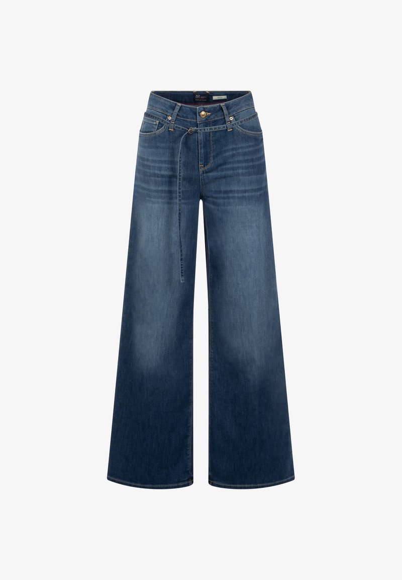 Wide-leg blue denim jeans with high waist, front button, zipper, belt loops, and attached self-fabric tie belt.