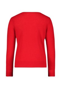 Pull rouge à manches longues avec poignets et bas côtelés, vu de dos, design uni sans motifs ni logos.