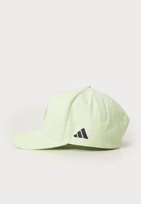 Casquette de baseball vert clair avec une visière courbée, arborant un logo noir à l'avant et trois rayures noires sur le côté. Matériau en coton.