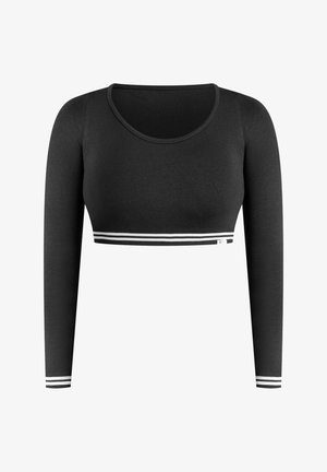 Sort crop top med lange ærmer lavet af glat stof, med rund halsudskæring og hvide striber ved kant og ærmekanter.