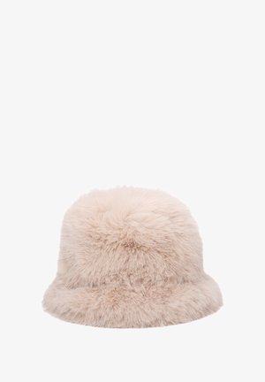 Cappello a secchiello tondo e morbido, realizzato in pelliccia sintetica rosa chiaro con una superficie testurizzata, dotato di una larga tesa e di un design accogliente e voluminoso.