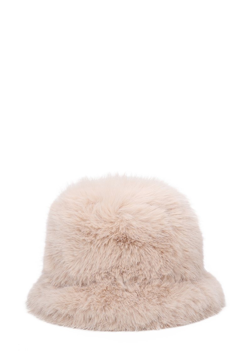 Cappello a secchiello tondo e morbido, realizzato in pelliccia sintetica rosa chiaro con una superficie testurizzata, dotato di una larga tesa e di un design accogliente e voluminoso.