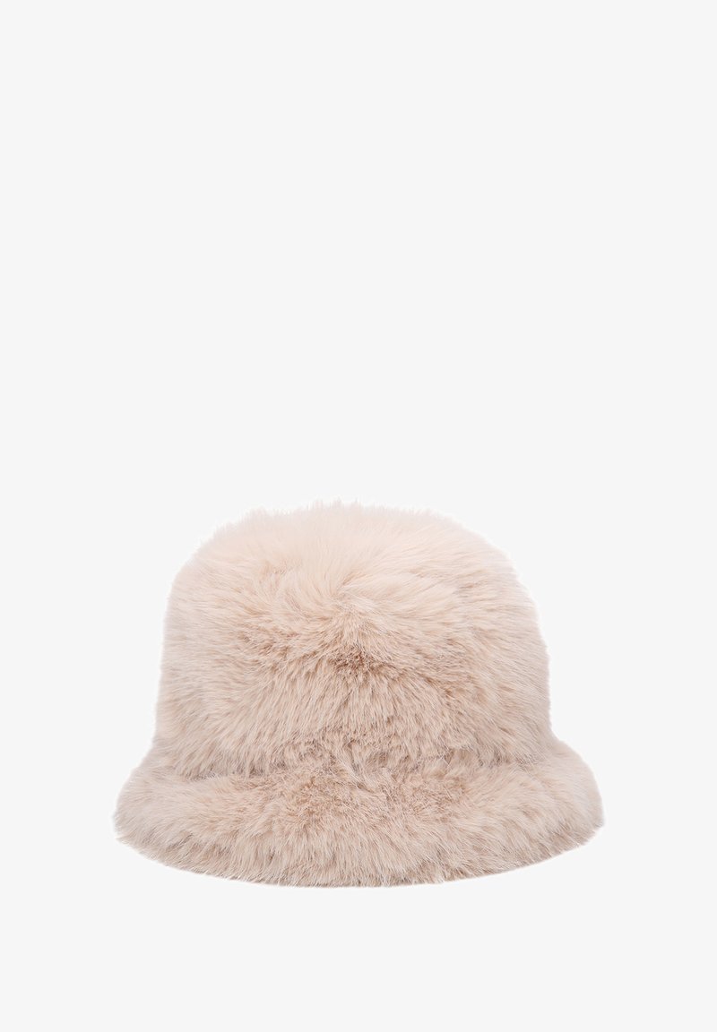 Cappello a secchiello tondo e morbido, realizzato in pelliccia sintetica rosa chiaro con una superficie testurizzata, dotato di una larga tesa e di un design accogliente e voluminoso.