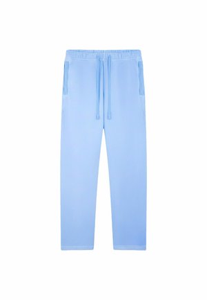 Pantalon de survêtement bleu clair avec une taille élastique, un cordon de serrage ajustable et des poches latérales, présenté sur un fond blanc.