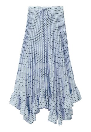 Jupe plissée bleu clair à pois noirs, taille à cordon de serrage et ourlet asymétrique à volants.