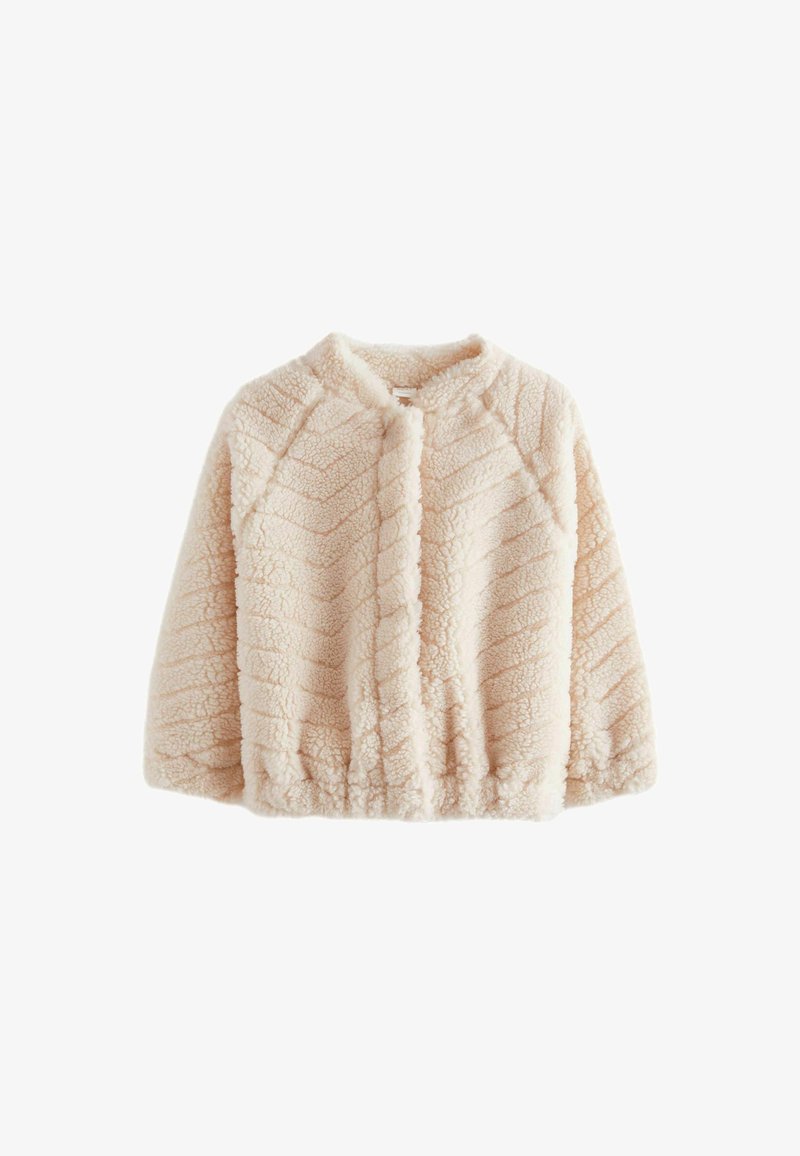 Fuzzy beige jacket with a chevron pattern, featuring a round neckline and a gathered hem. Soft, textured fabric for warmth.