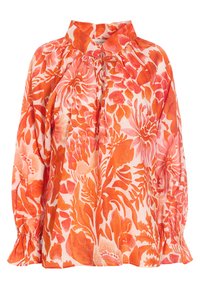 Blusa a pattern floreale in tonalità di arancione e rosa, con colletto alto, laccio regolabile e maniche arricciate con polsini volant.