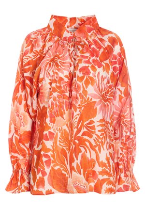 Bluse mit Blumenmuster in Orangetönen und Rosa, mit hohem Kragen, Kordelzug und gerafften Ärmeln mit Rüscheneinfassungen.