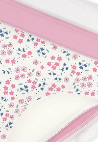 Σετ γυναικείων εσωρούχων με floral σχέδιο σε ροζ και μπλε χρώματα σε λευκό φόντο, με επιλογές σε μονόχρωμο ροζ και άσπρο, καθώς και διακοσμητικές δαντέλες.