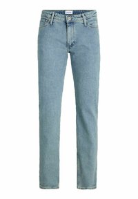 Jeans din denim de culoare albastru deschis, cu un design drept și închidere cu nasture, având un stil clasic cu cinci buzunare. Textură netedă și finisaj decolorat.