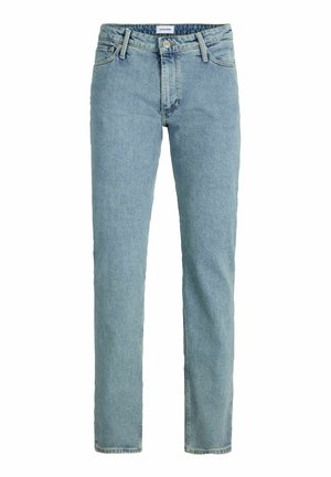 Hellblaue Denim-Jeans mit geradem Bein, Knopfverschluss und klassischen fünf Taschen. Glatte Textur und verwaschener Look.
