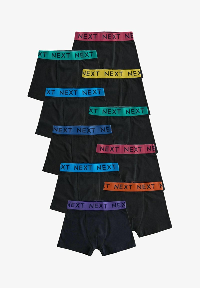 Fekete boxer alsónadrágok, vegyes színű, elasztikus derékrésszel (kék, zöld, sárga, piros, narancs, lila), a "NEXT" logójával.