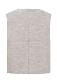 Top beige senza maniche realizzato in un tessuto strutturato e intrecciato. Presenta un orlo dritto e un sottile motivo a zigzag. Design pulito e minimalista.