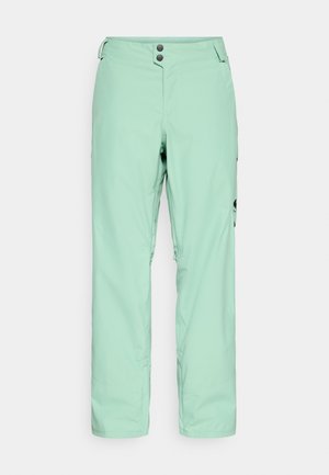 Mint green ski pants made of smooth fabric, featuring two buttons at the waist, side pockets, and a loose fit. Minimalist design with no patterns.