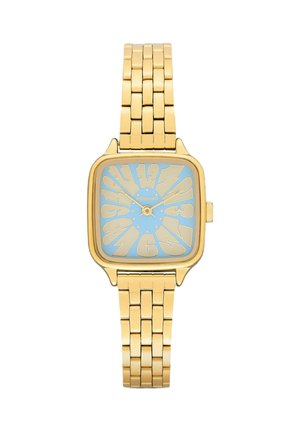Montre-bracelet en métal doré avec un cadran bleu carré et de grands chiffres dorés déformés, un bracelet à maillons et trois petites aiguilles.