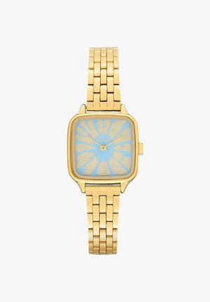 Montre-bracelet en métal doré avec un cadran bleu carré et de grands chiffres dorés déformés, un bracelet à maillons et trois petites aiguilles.