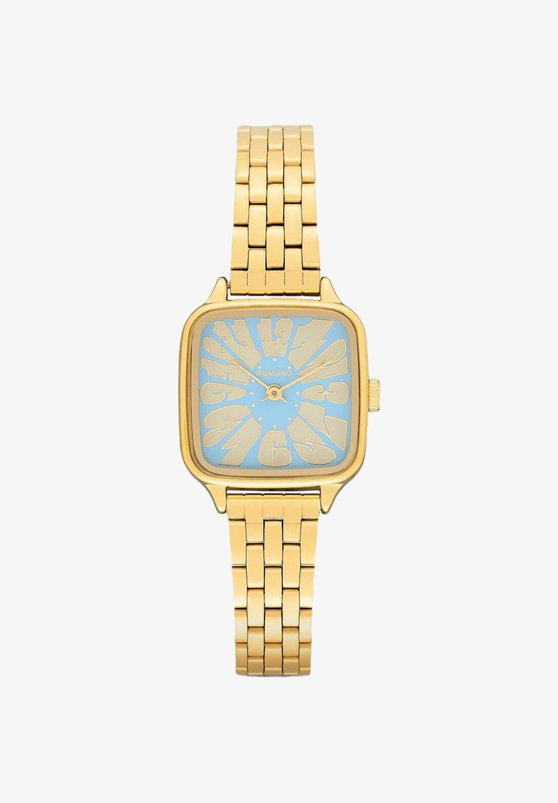 Montre-bracelet en métal doré avec un cadran bleu carré et de grands chiffres dorés déformés, un bracelet à maillons et trois petites aiguilles.