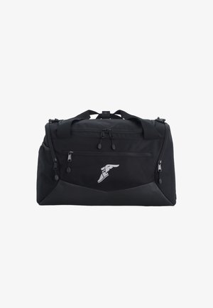 Black duffel bag made of durable fabric, featuring a front zip pocket, double handles, and a logo with a winged shoe accent.