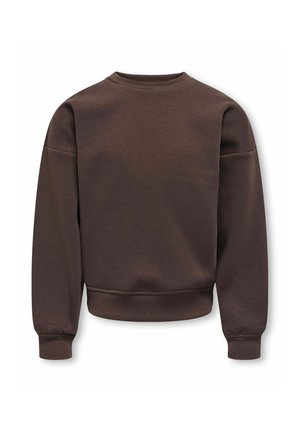 Effen bruine sweater met ronde hals, lange mouwen en geribde boorden aan mouwen en taille, getoond op een witte achtergrond.